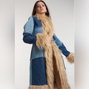 Vintage 90s inspired denim faux fur long lined maxi jacket